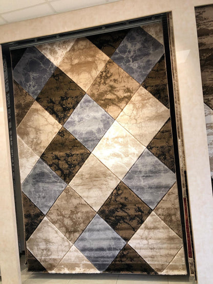 Covor cu insertii Geometrice tip Romburi,Bej/Maro /Gri