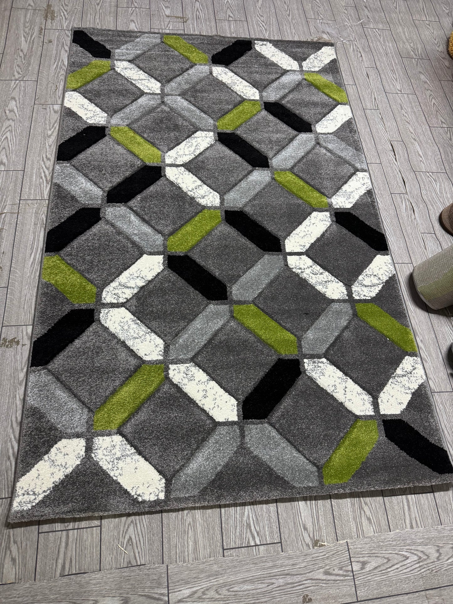 Covor Modern tip Romburi, Gri/Negru/Verde