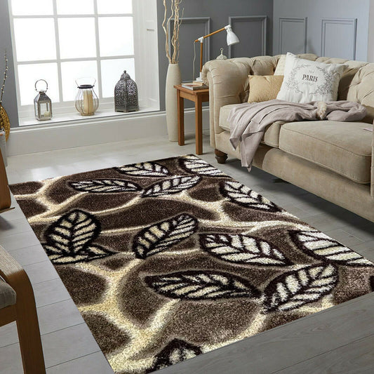 Covor Pufos de Matase si Bumbac Tip Frunze,Bej/Maro