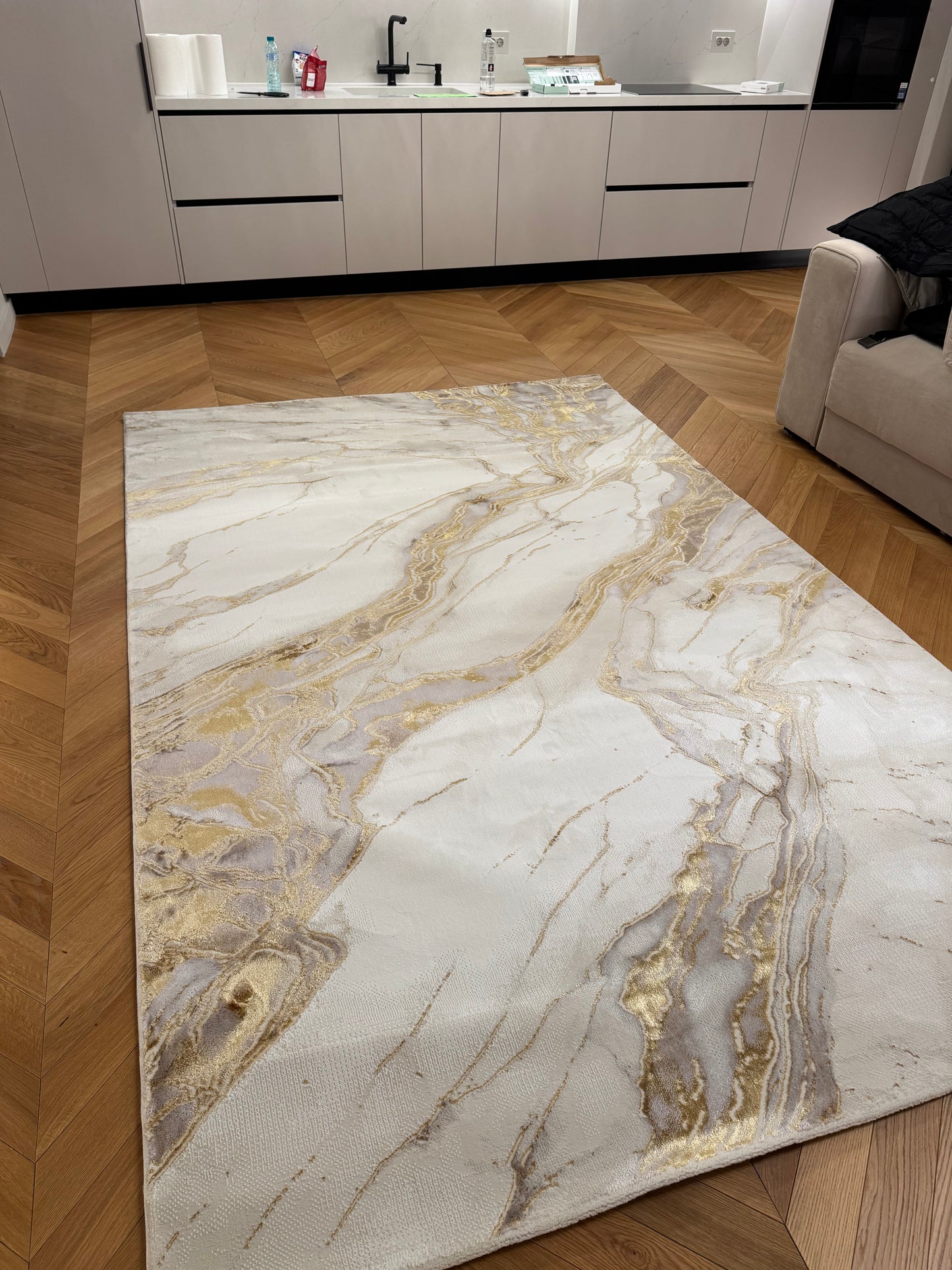 Covor cu Insertii 3D tip Stucco Venetian,Bej/Crem/Auriu