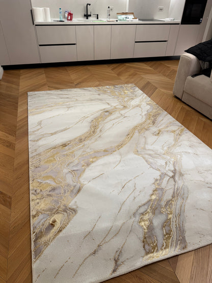 Covor cu Insertii 3D tip Stucco Venetian,Bej/Crem/Auriu