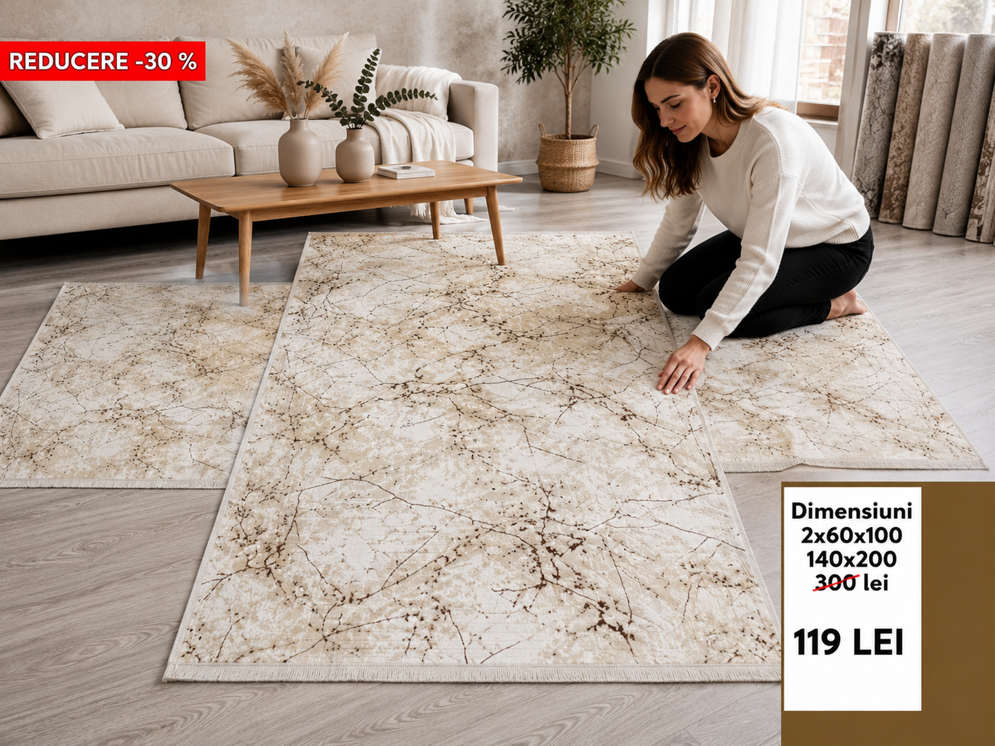 Set Covoare Dormitor Cu Traverse Antiderapante cu Insertii Moderne tip Marmura 3D,Maro/Crem