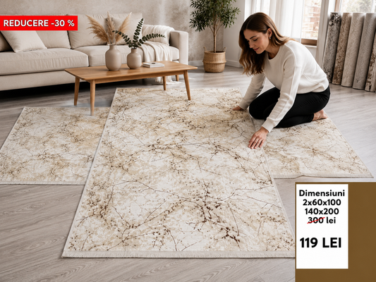 Set Covoare Dormitor Cu Traverse Antiderapante cu Insertii Moderne tip Marmura 3D,Crem/Maro
