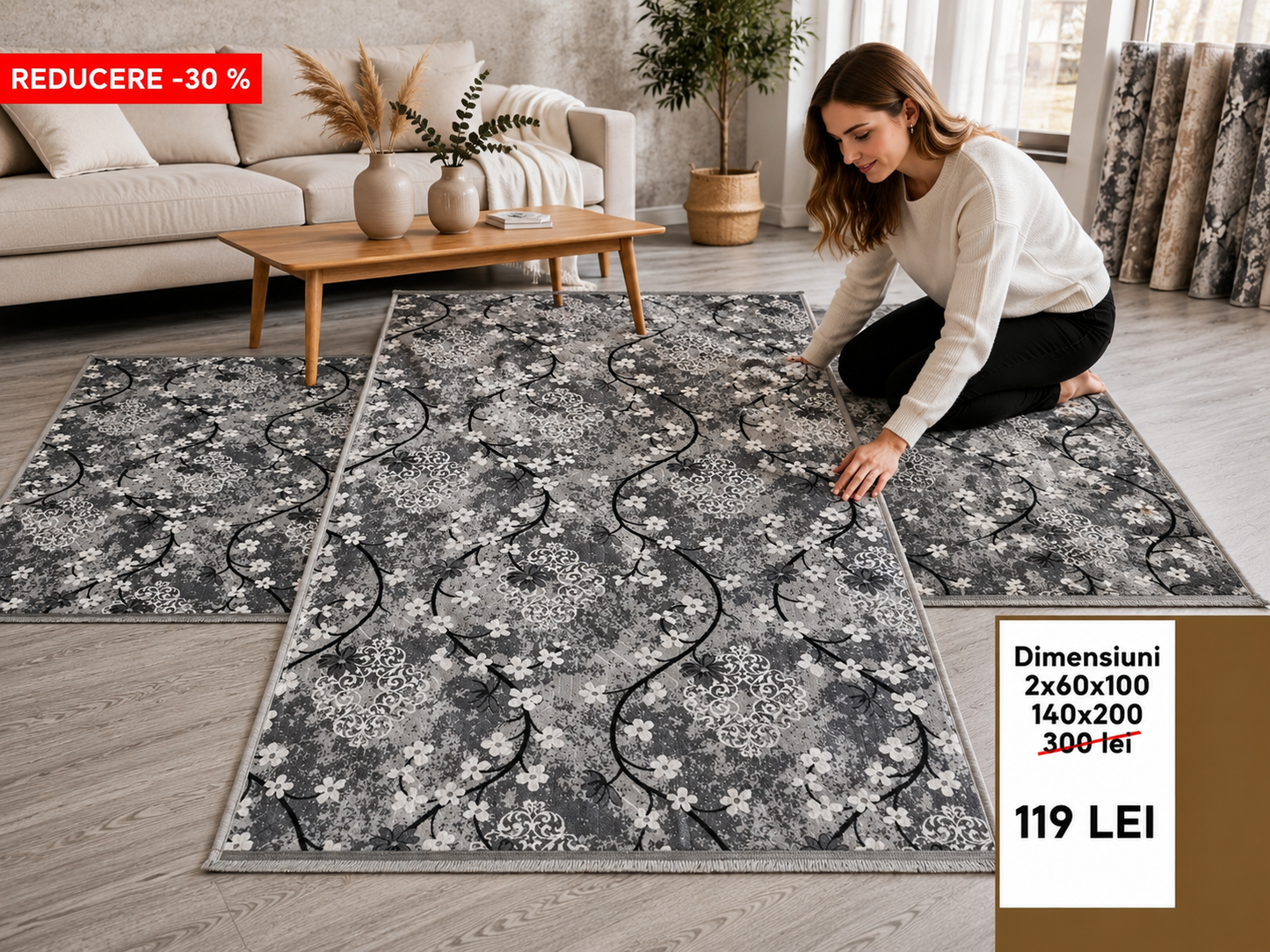 Set Covoare Dormitor Cu Traverse Antiderapante cu Insertii Moderne tip Margarete ,Gri/Bej