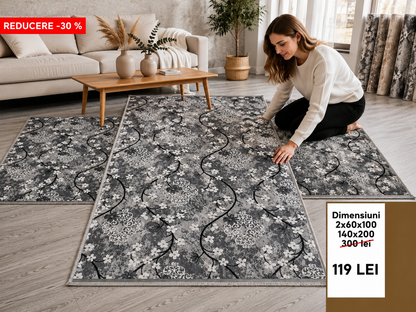 Set Covoare Dormitor Cu Traverse Antiderapante cu Insertii Moderne tip Margarete ,Gri/Bej