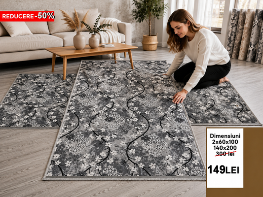 Set Covoare Dormitor Cu Traverse Antiderapante cu Insertii Moderne tip Margarete ,Gri/Bej