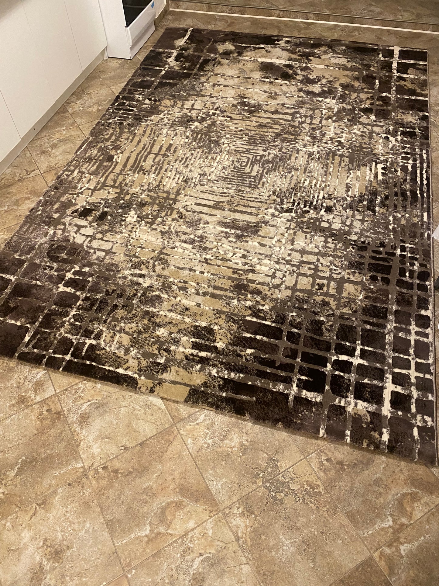 Covor Modern cu Insertii Geometrice de tip Patrate ,Maro/Crem