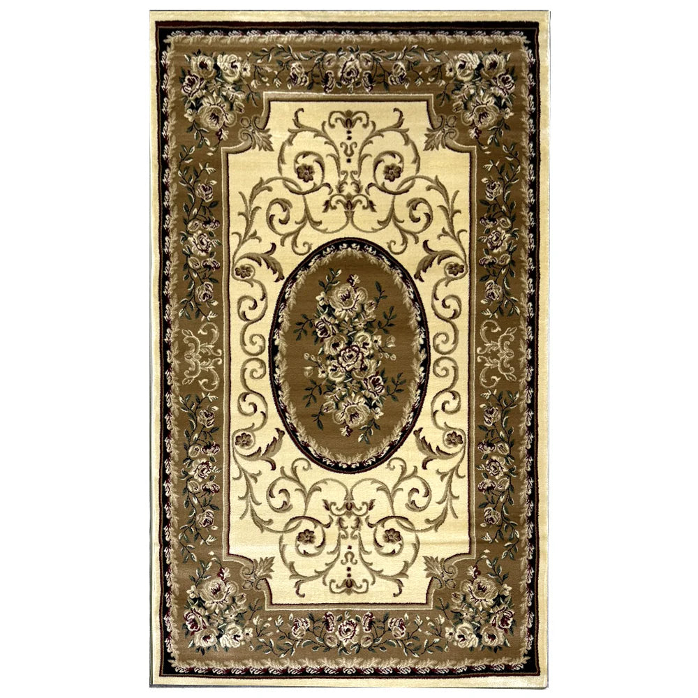 Covor cu Medalion si Insertii Florale ,Crem/Verde/Grena