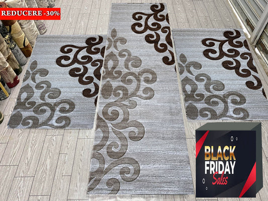 Set 3 Covoare Dormitor cu Insertii Florale tip Tribal ,Bej/Maro