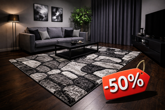 Covor Pufos de Matase si Bumbac Tip Pietre, Gri/Negru