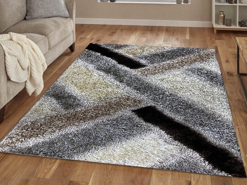 Covor Pufos cu fir lung de matase ,imprimeu geometric tip linii,Bej/Capucino/Maro