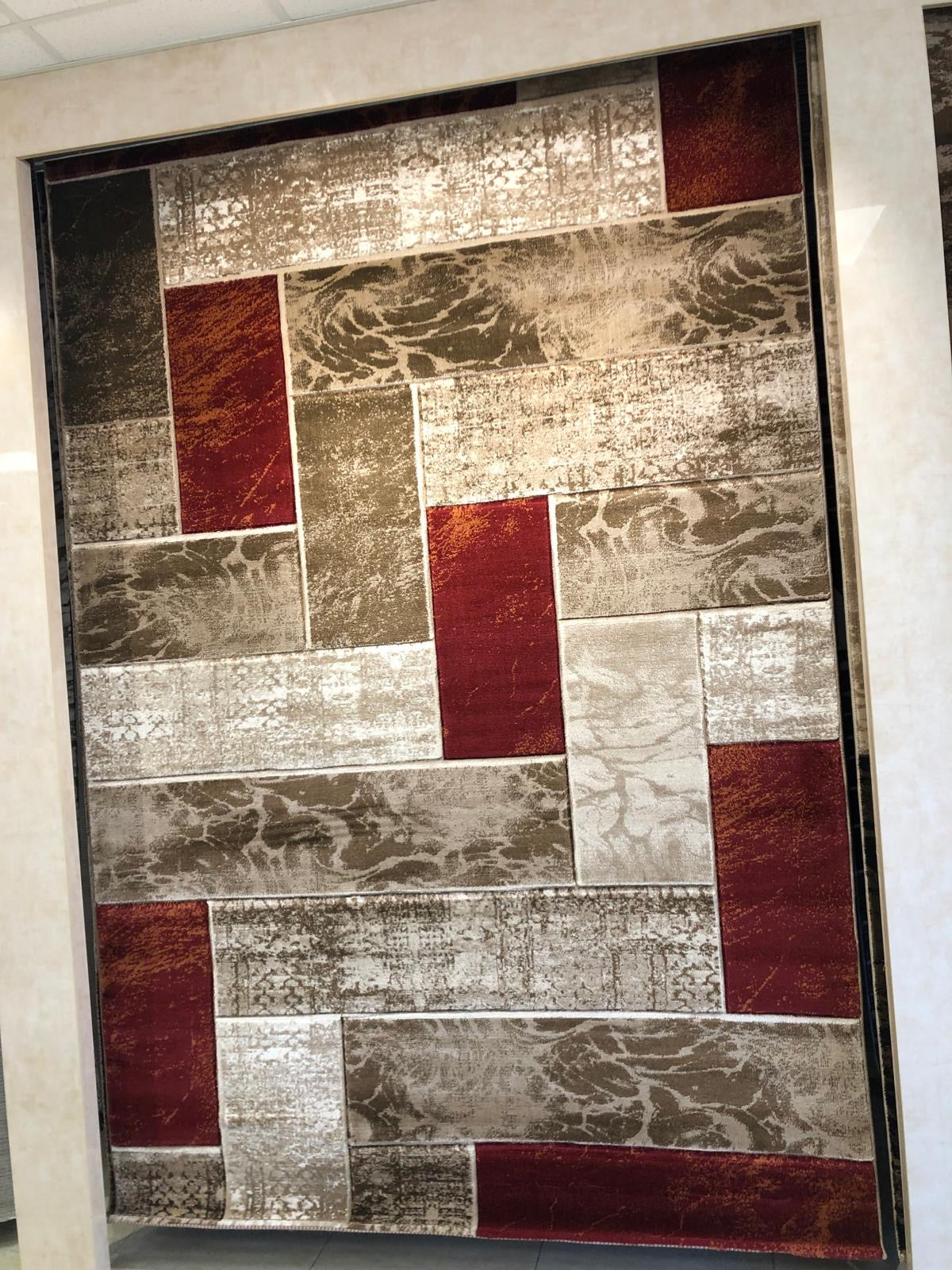 Covor cu insertii Geometrice tip Dreptunghiuri ,Bej/Grena