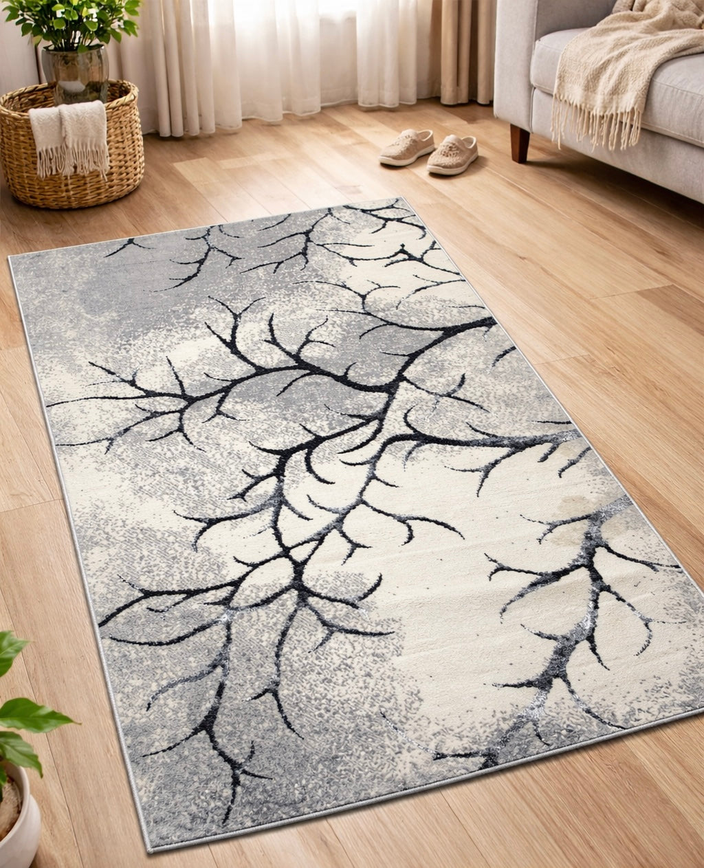 Covor cu Insertii Florale tip Crenguțe,Gri