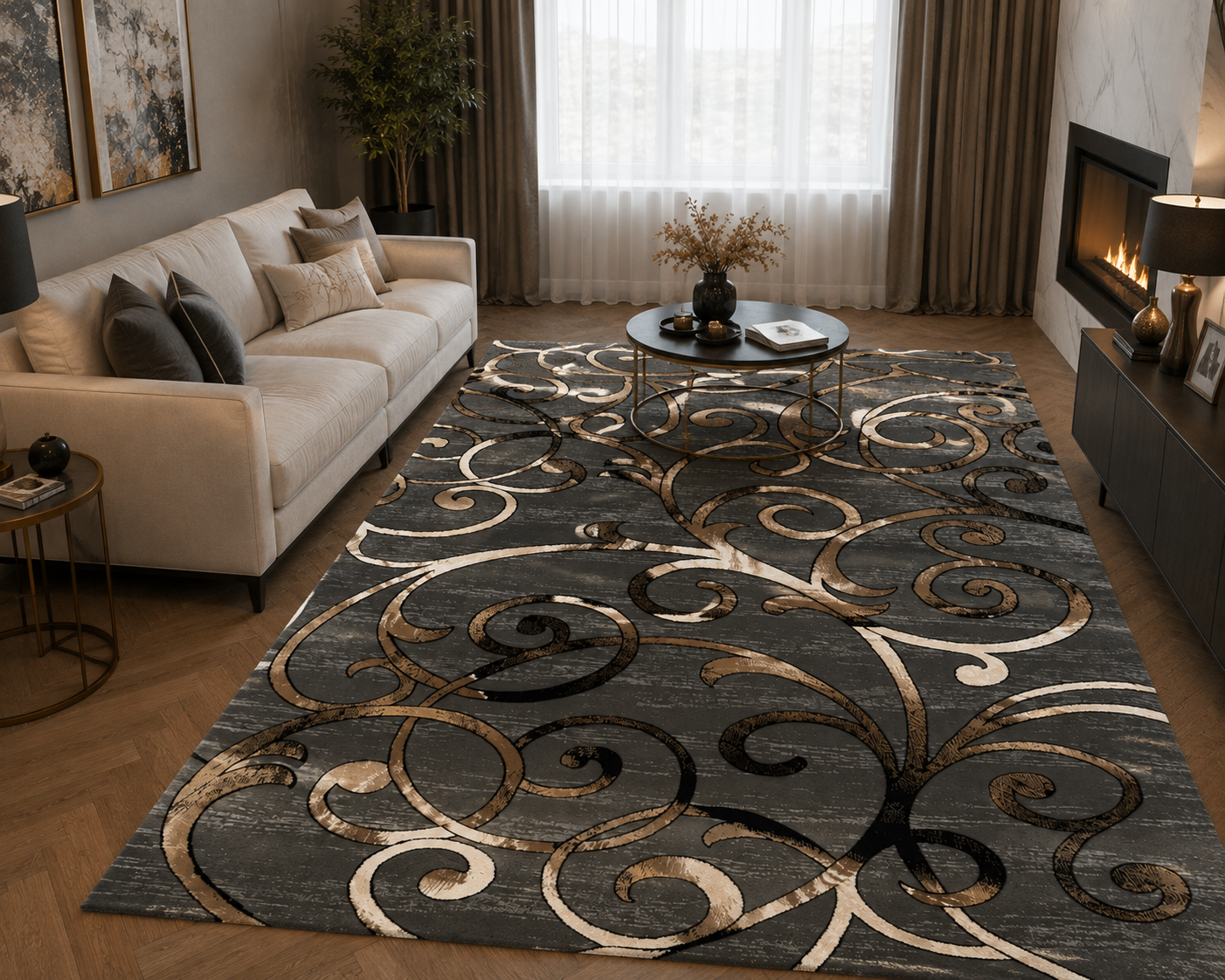 Covor Living Cu Inserții Tip Crenguțe, Gri/Crem
