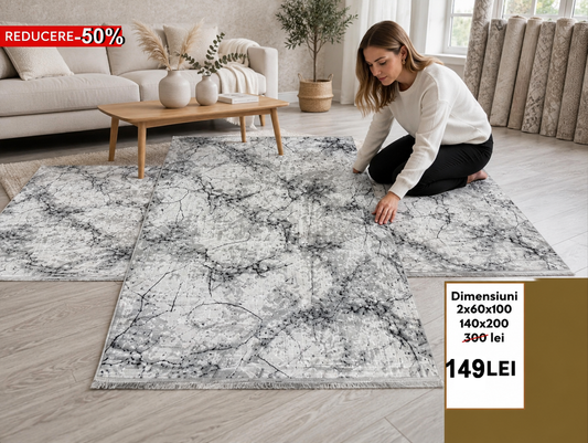 Set Covoare Dormitor Cu Traverse Antiderapante cu Insertii Moderne tip Marmura 3D,Gri
