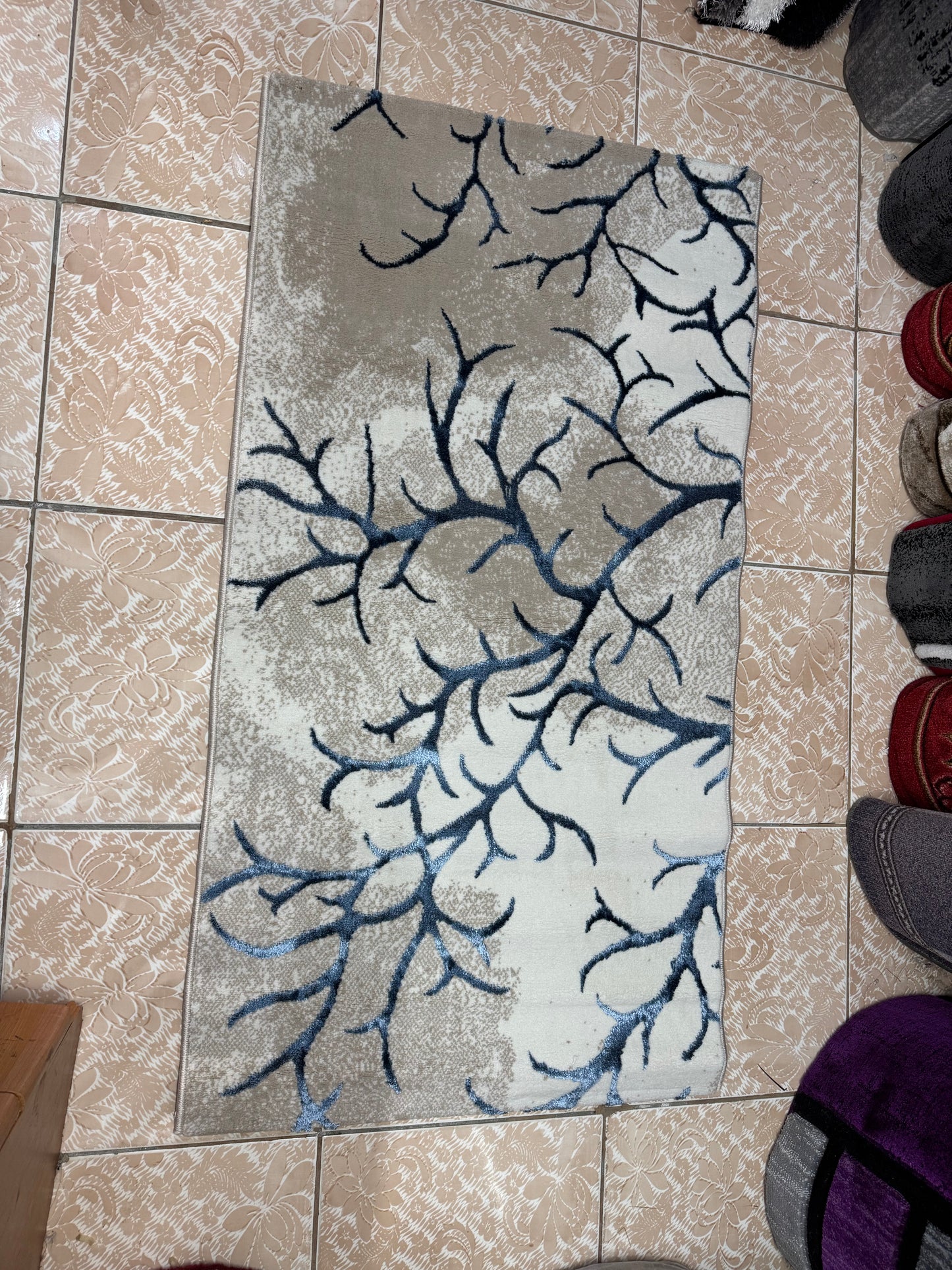 Covor cu Insertii Florale tip Crenguțe,Turqoise/Bej