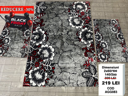 Set Covor si Traverse cu Insertii Florale Tip Margarete, Gri/Grena