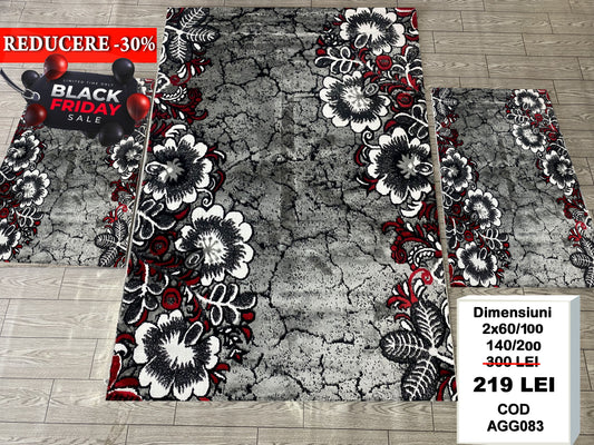 Set Covor si Traverse cu Insertii Florale Tip Margarete, Gri/Grena