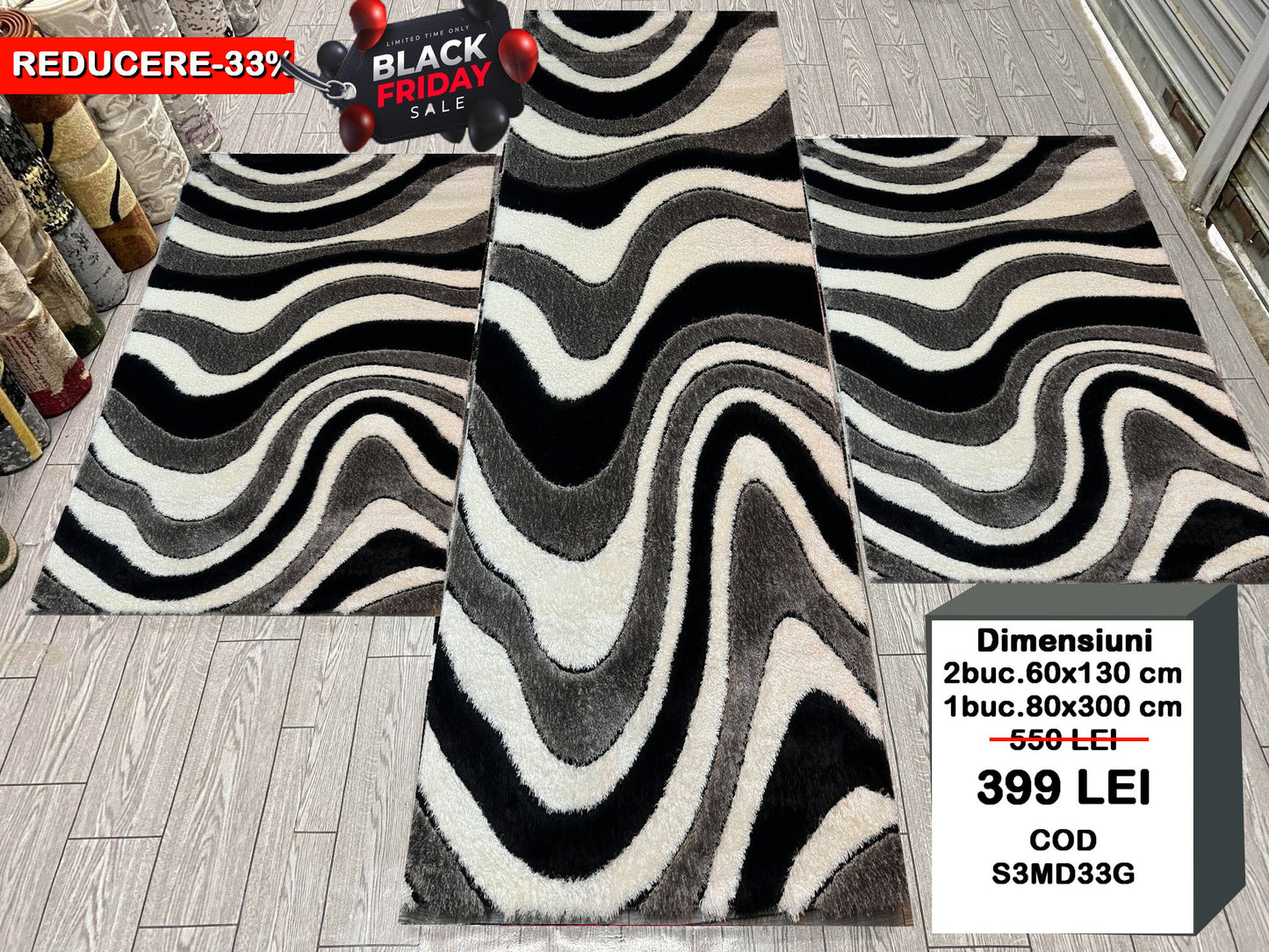 Set 3 Traverse Pufoase 3D,Gri/Negru/Alb (Copy)