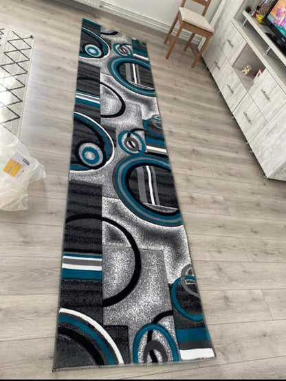 Traversa cu Insertii Geometrice tip Cercuri, Gri/Turqoise/Negru