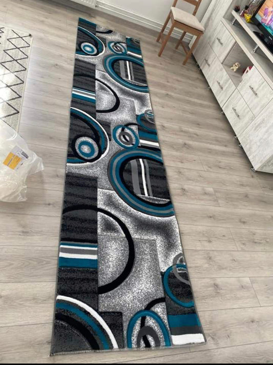 Traversa cu Insertii Geometrice tip Cercuri, Gri/Turqoise/Negru