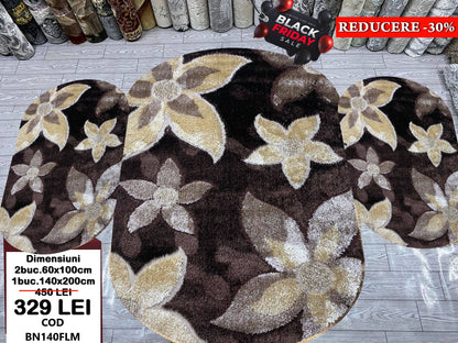 Set Covor cu Traverse Ovale, Pufoase de Matase si Bumbac Model Floral,Maro/Bej
