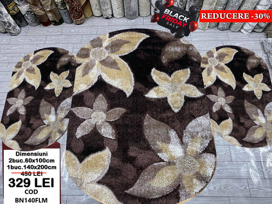 Set Covor cu Traverse Ovale, Pufoase de Matase si Bumbac Model Floral,Maro/Bej