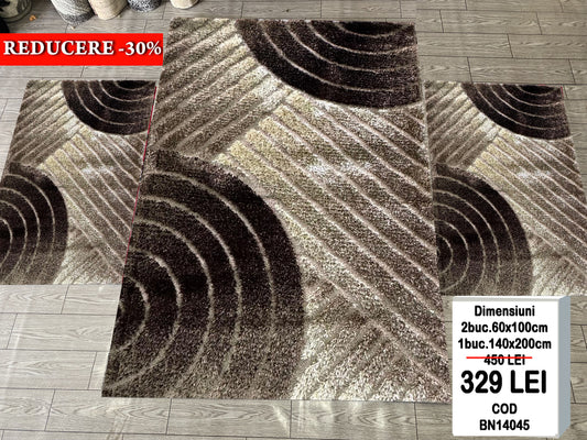 Set Covor cu Traverse Pufoase de Matase si Bumbac Geometric ,Bej/Maro