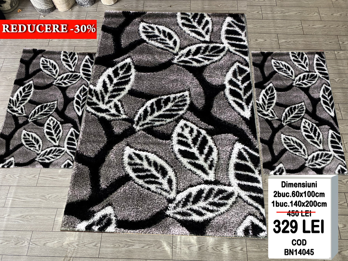 Set  Covoare Dormitor cu Traverse Pufoase de Matase si Bumbac Cu Insertii Florale tip Frunze,Gri/Negru