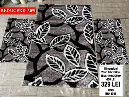Set  Covoare Dormitor cu Traverse Pufoase de Matase si Bumbac Cu Insertii Florale tip Frunze,Gri/Negru