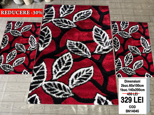 Set Covor cu Traverse Pufoase de Matase si Bumbac Cu Insertii Florale tip Frunze,Gri/Negru/Grena