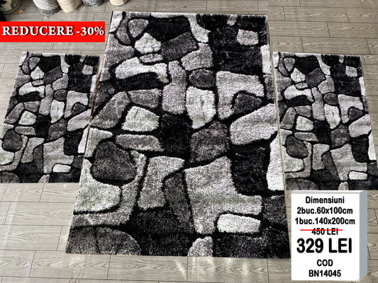 Set Covor cu Traverse Pufoase de Matase si Bumbac Geometric ,Gri/Negru