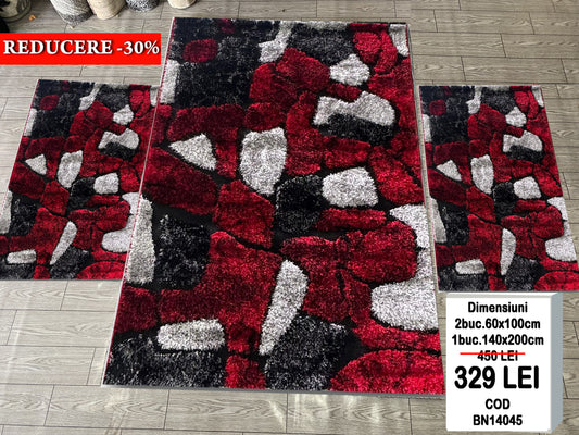 Set Covor cu Traverse Pufoase de Matase si Bumbac Cu Insertii Florale tip Frunze,Gri/Negru/Grena (Copy)