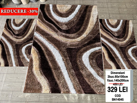 Set Covor cu Traverse Pufoase de Matase si Bumbac Geometric ,Bej/Maro