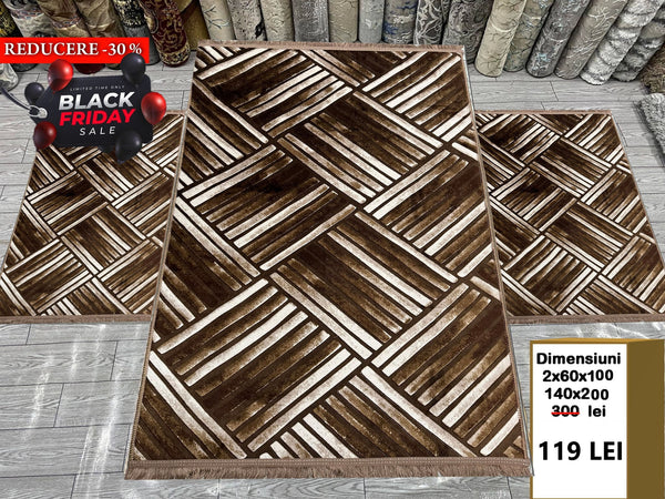 Set Covoare Dormitor Cu Traverse Antiderapante cu Insertii Moderne tip Parchet ,Bej/Capucino
