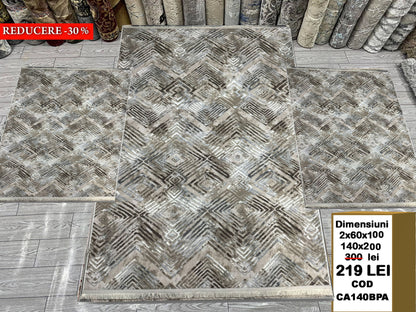 Set Covor Cu Traverse Antiderapante cu Insertii Moderne tip Romburi 3D ,Bej