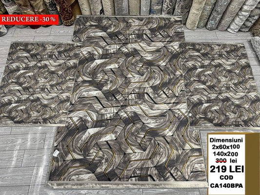 Set Covor Cu Traverse Antiderapante cu Insertii Moderne tip Valuri 3D,Bej/Capucino/Auriu