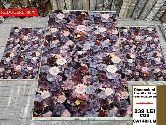 Set Covor cu Traverse Antiderapante Gradina cu Flori,Multicolor