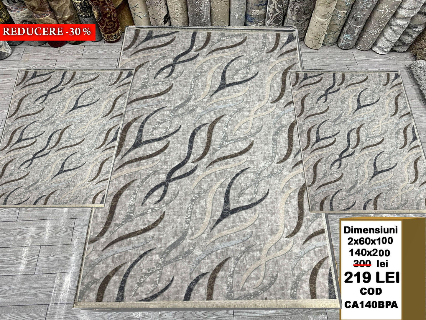 Set Covor Cu Traverse Antiderapante cu Insertii Moderne tip Virgula 3D,Gri/Bej