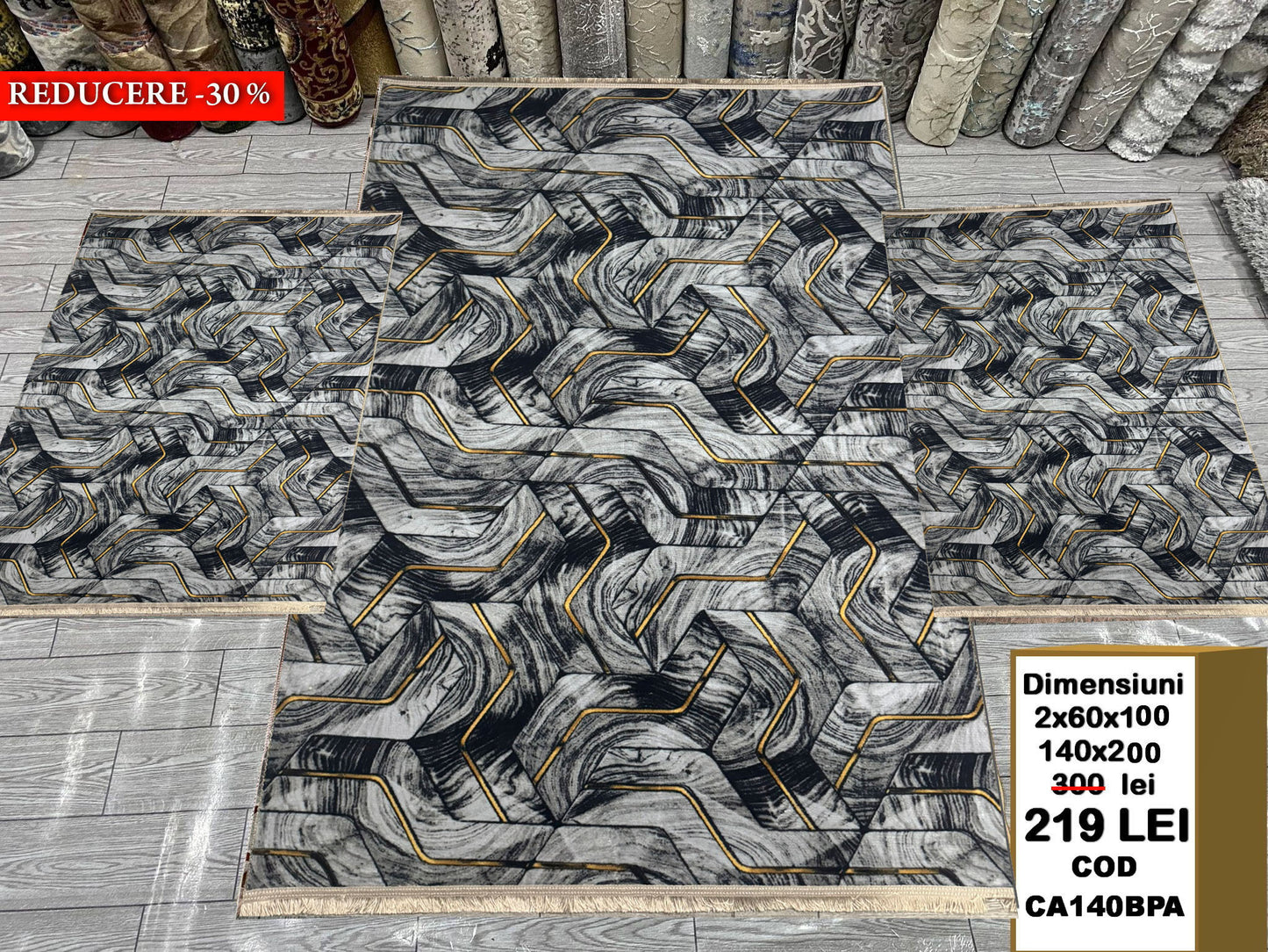 Set Covor Cu Traverse Antiderapante cu Insertii Moderne tip Valuri 3D,Gri/Auriu