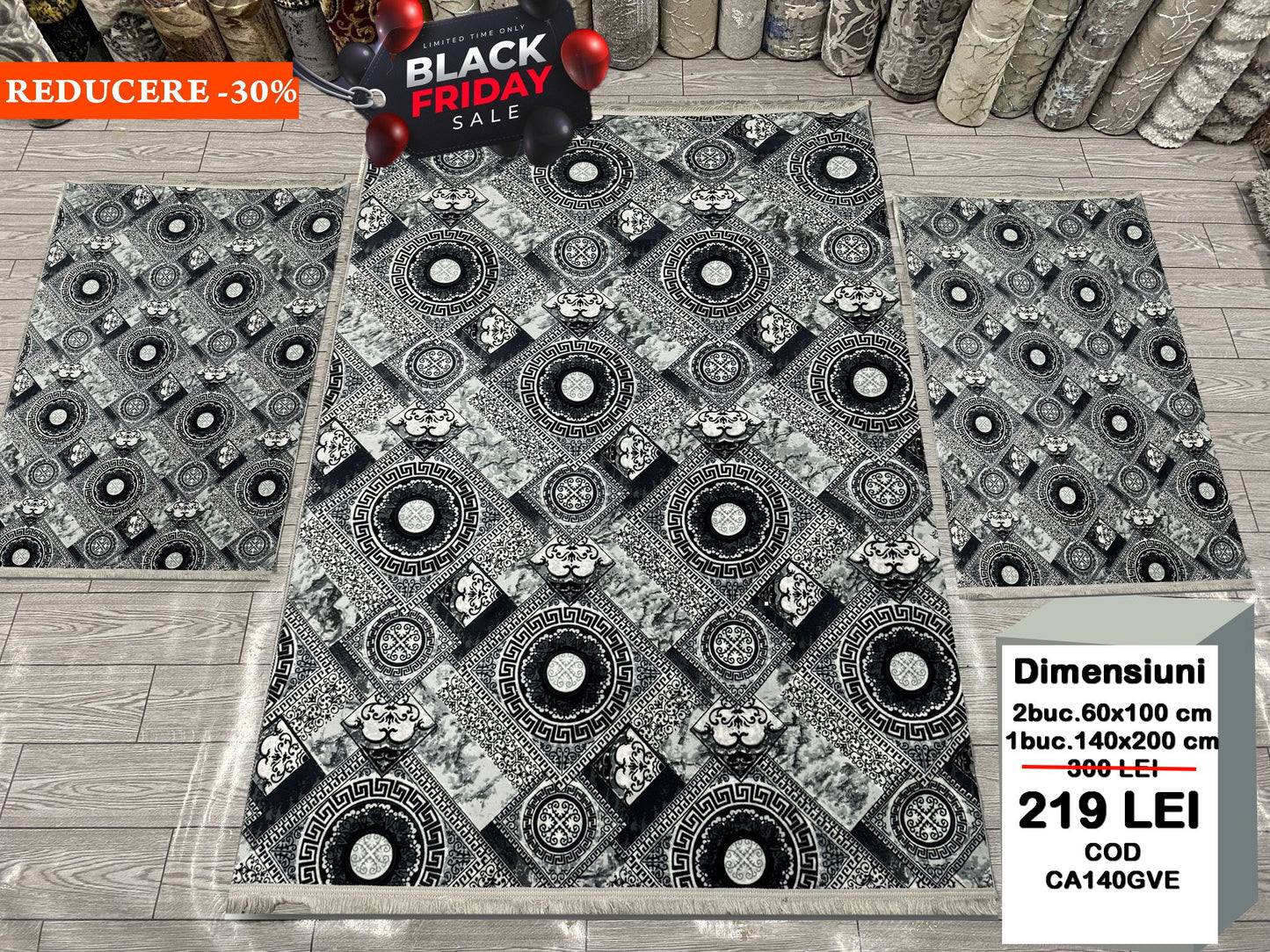 Set Covor Cu Traverse Antiderapante cu Insertii Moderne tip Geometric,Gri/Antracid