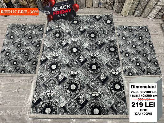 Set Covor Cu Traverse Antiderapante cu Insertii Moderne tip Geometric,Gri/Antracid