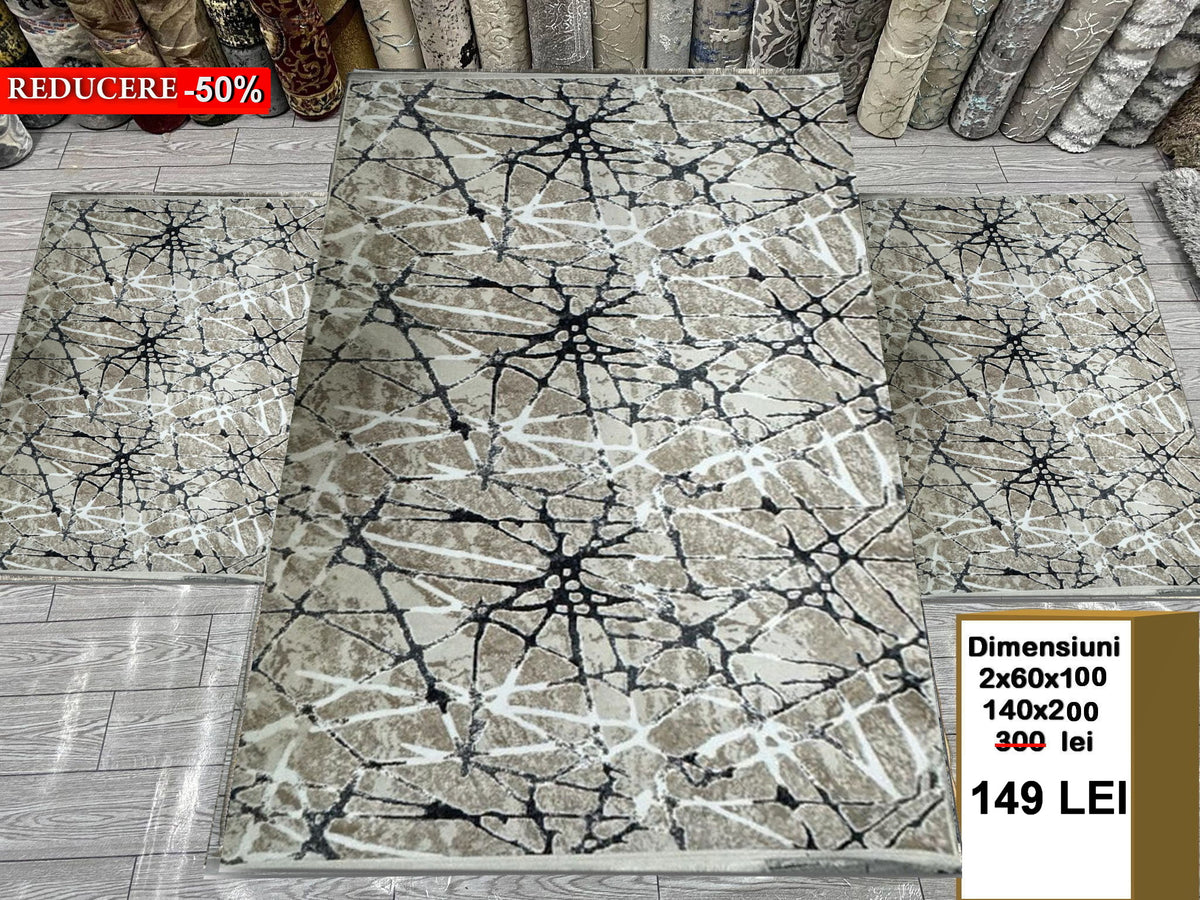 Set Covoare Dormitor Cu Traverse Antiderapante cu Insertii Moderne tip Panza de Paianjen,Bej/Gri