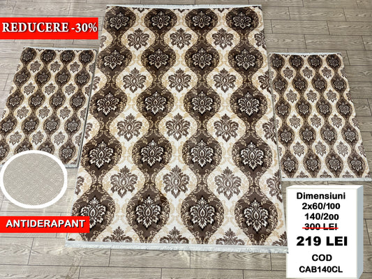 Set Covor Cu Traverse Antiderapante cu Insertii Florale ,Bej/Maro