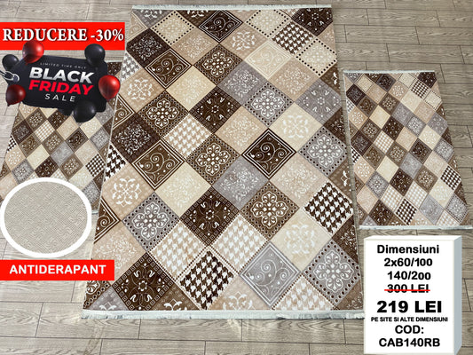 Set Covor Cu Traverse cu Insertii Moderne Tip Romburi ,Antiderapante ,Bej/Maro