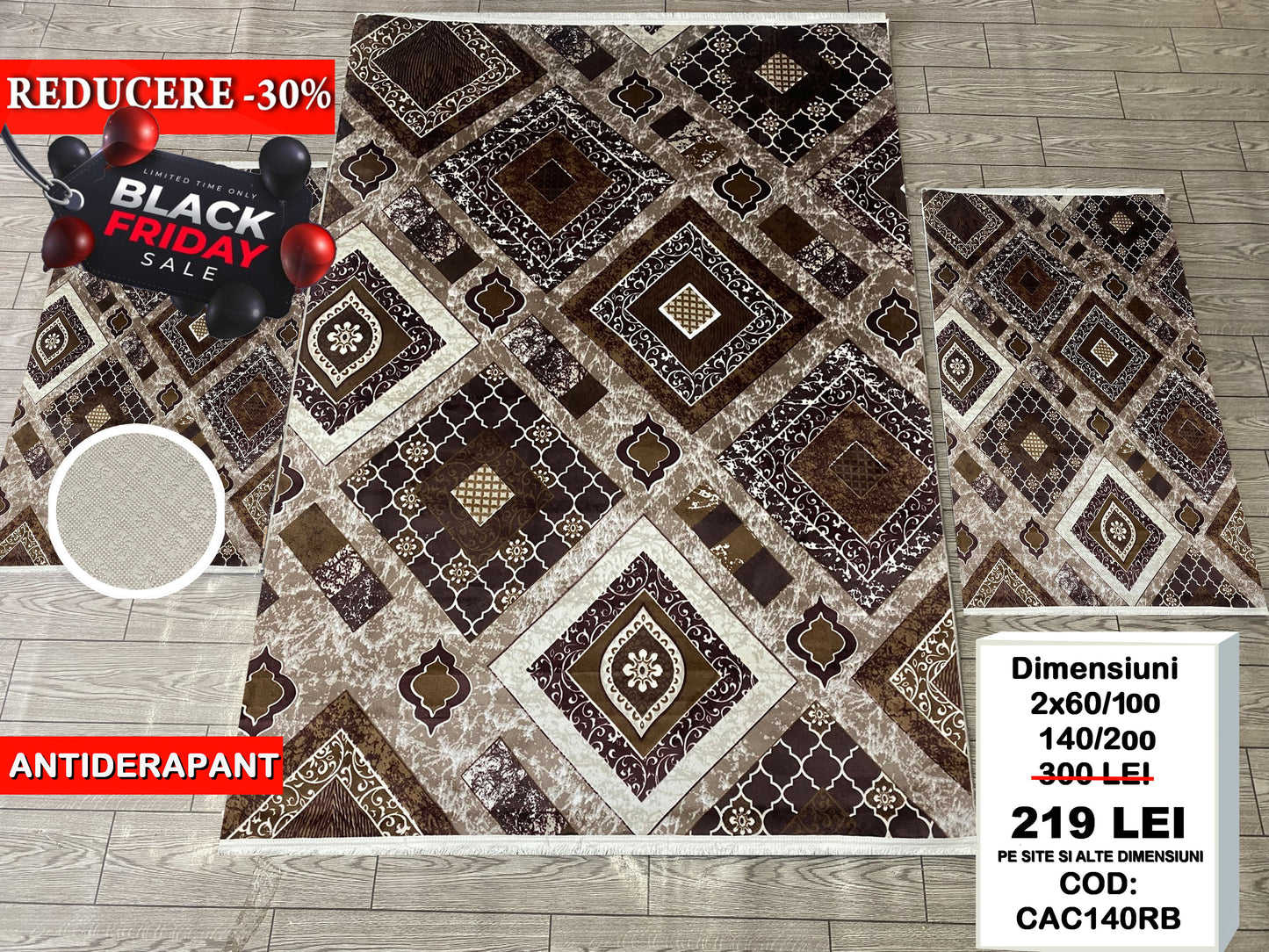 Set Covor Cu Traverse cu Insertii Moderne Tip Romburi ,Antiderapante ,Bej/Maro