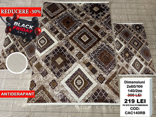 Set Covor Cu Traverse cu Insertii Moderne Tip Romburi ,Antiderapante ,Bej/Maro