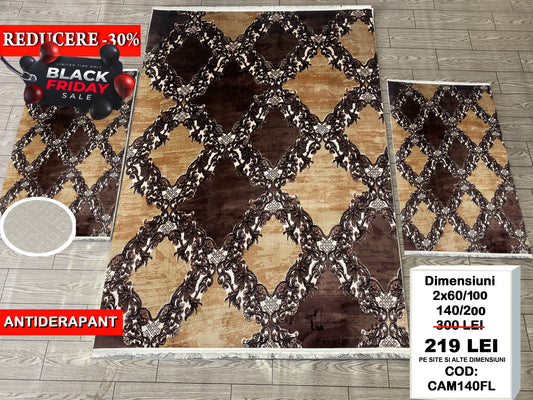 Set Covor Cu Traverse Antiderapante cu Insertii Florale  ,Bej/Maro