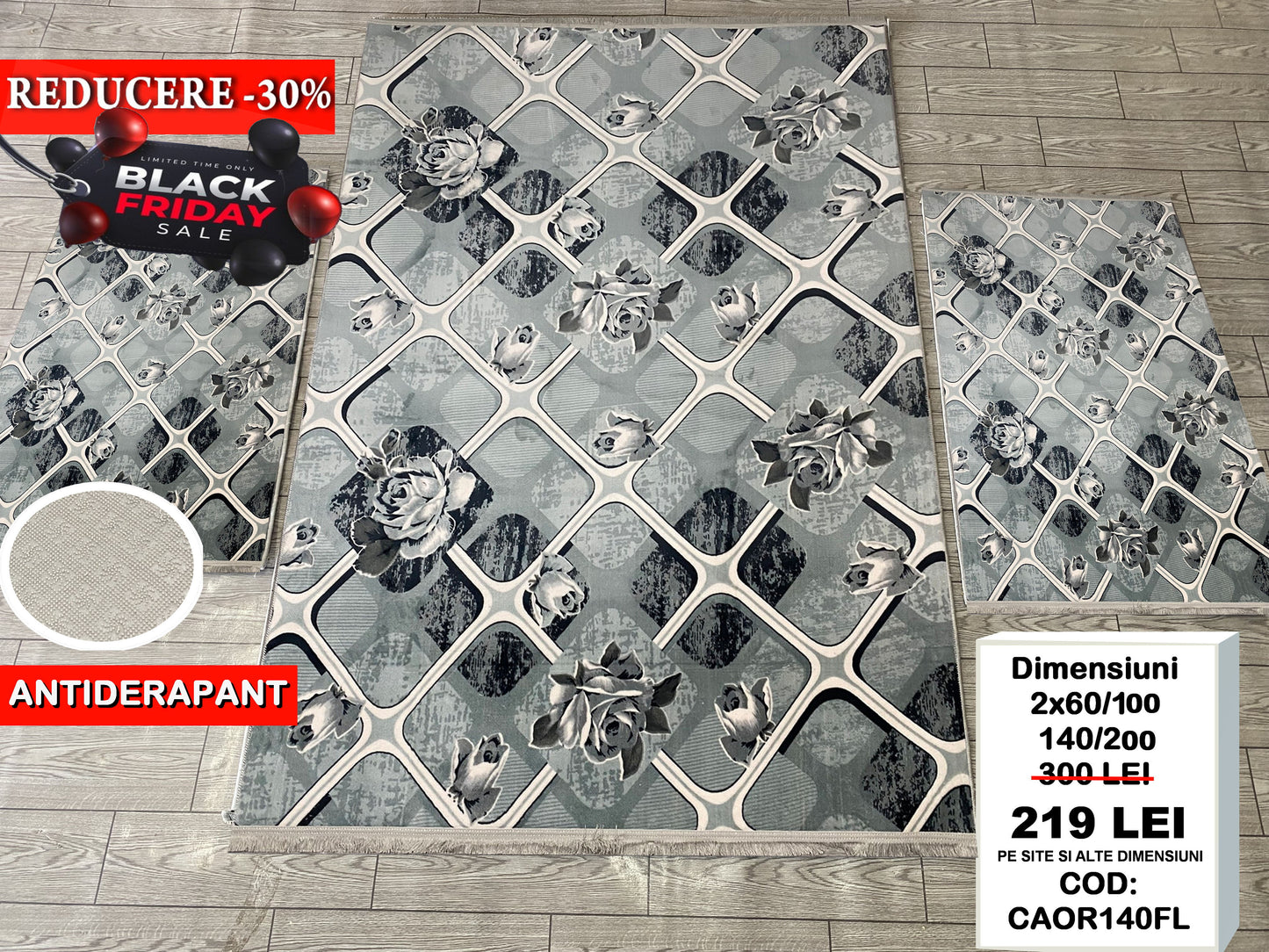 Set Covor Cu Traverse Antiderapante cu Insertii Florale ,Gri/Bleo