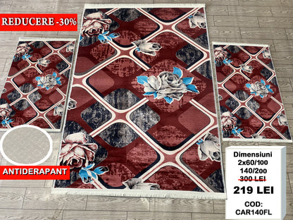 Set Covor Cu Traverse Antiderapante cu Insertii Florale ,Grena/Bej/Bleo